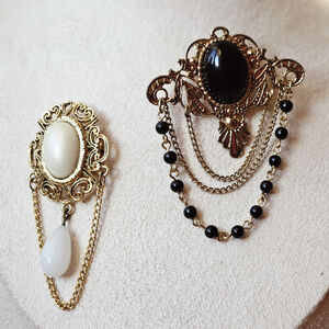 Vintage Faux Onyx / Pearl Brooch Pin, Victorian Style Steampunk Brooch